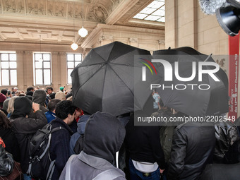 Anti-Fascists blocked  the view of journalists with umbrella and scarfs in Paris, France, on 19 September 2017 during opening of the trial i...