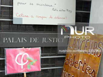 Placards in front of the Toulouse Law Court in support of Celine Boussie, French whistleblower and president of the association 