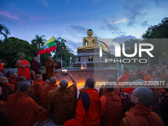 Monks from Myanmar  residing in Sri Lanka engage in a peaceful demonstration to show solidarity with Buddhist community in Myanmar at Colomb...