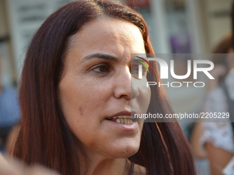 Besime Konca, Deputy of Turkey's pro-Kurdish opposition Peoples' Democratic Party (HDP) speaks to the press during a protest for women's rig...