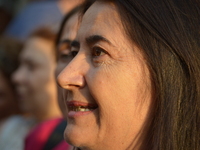 Serpil Kemalbay, Co-Chair of Turkey's pro-Kurdish opposition Peoples' Democratic Party (HDP) speaks to the press during a protest for women'...