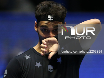 Fabio Fognini of Italy reacts during the St. Petersburg Open ATP tennis tournament match in St. Petersburg, Russia, Thursday, Sept. 21, 2017...