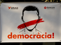 A banner reading 'Democracy' in front of  the Catalan High Court building in Barcelona, Spain, on 22 September, 2017.  Protests against the...