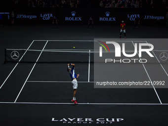 Team Europe player Marin Cilic of Croatia serves against Team World player Frances Tiafoe of United States during the first day at Laver Cup...