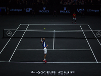 Team Europe player Marin Cilic of Croatia serves against Team World player Frances Tiafoe of United States during the first day at Laver Cup...