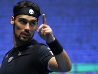 Fabio Fognini of Italy reacts during the St. Petersburg Open ATP tennis tournament final match in St.Petersburg. (