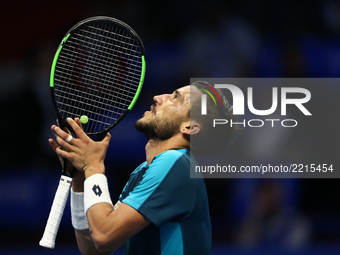Damir Dzumhur of Bosnia and Herzegovina reacts during the St. Petersburg Open ATP tennis tournament final match in St.Petersburg. (