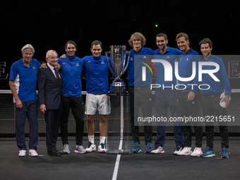 Marin Cilic, Bjorn Borg, Rafael Nadal, Alexander Zverev, Dominic Thiem, Roger Federer, Rod Laver and Tomas Berdych of Team Europe lift the L...