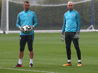 L-R Chelsea's Eduardo and Chelsea's Willy Caballero
during Chelsea Training session priory to they game against Atlético Madrid at Chelsea T...