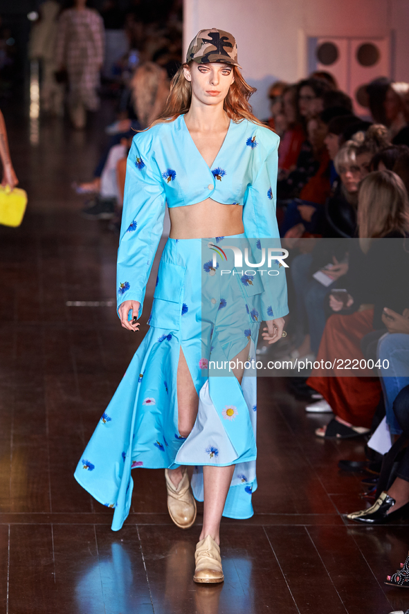 A model saunters down the runway in Natasha Zinko's SS18 collection on Sept 15th 2017 at 180 Strand in London, UK. 