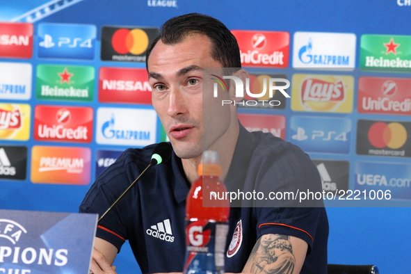 Silvio Proto (Olympiacos FC) speaks during the Olympiakos FC press conference on the eve of  the UEFA Champions League (Group D) match betwe...