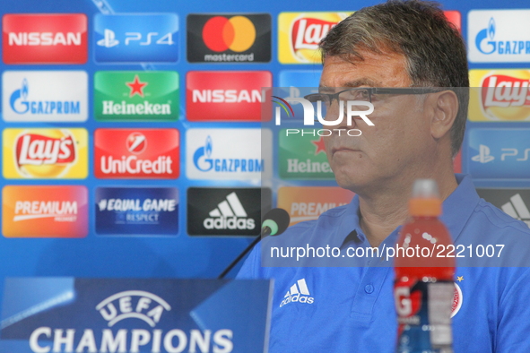 Takis Lemonis, head coach of Olympiacos FC, speaks during the Olympiakos FC press conference on the eve of  the UEFA Champions League (Group...