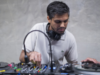 Haroon Mirza performs at the Serpentine Park Nights 'Forget Amnesia' event at the Serpentine Pavillion, Kensington Gardens, London, on Frida...