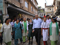 School Teachers of Green Peace Co-Ed School welcoming Formal Living Goddess Kumari MATINA SHAKYA in a school with her Father and sister on h...