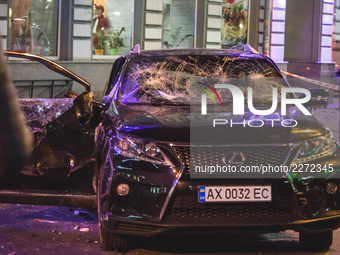 ***GRAPHIC CONTENT*** A car that hit a pedestrian during a violent car accident in Kharkov, Ukraine on 18 October 2017 night. Five people di...