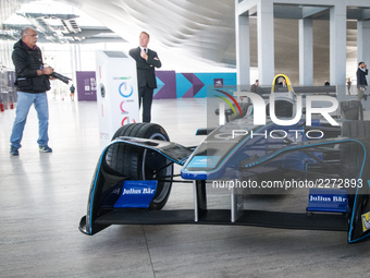 A Formula E racing car seen during a press conference in Rome, Italy on October 19, 2017. Rome will be hosting a Formula E world championshi...