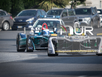 A Formula E racing car seen in the street of Rome during a press conference in Rome, Italy on October 19, 2017. Rome will be hosting a Formu...
