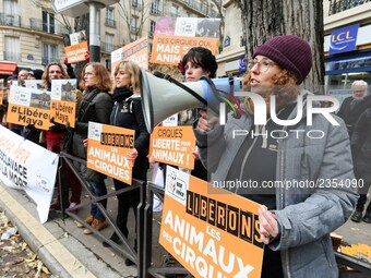 Members of the association One Voice, a French animal rights organisation, demonstrate near the Bormann-Moreno circus in Paris, on December...