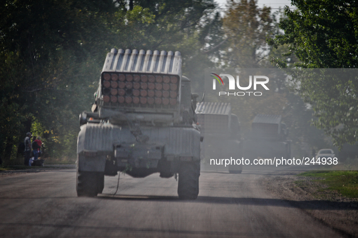 LUGANSK, UKRAINE - SEPTEMBER 12: A BM-21 rocket launcher on the road in Lugansk region (Photo by Sergii Kharchenko/NurPhoto)
