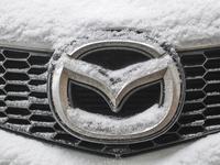 Snowflakes are seen on the badge of a Mazda car in Warsaw, Poland February 8, 2018. (