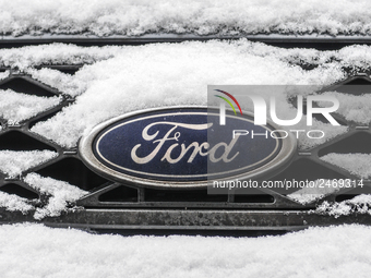 Snowflakes are seen on the badge of a Ford car in Warsaw, Poland February 8, 2018. (