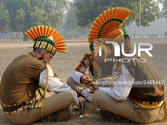 Indo-Tibetan Border Police (ITBP) soldies eat breakfast after rehearsing for the upcoming 69th Republic Day Parade in New Delhi on January 1...