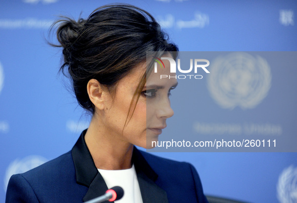 UNAIDS International Goodwill Ambassador, British fashion designer Victoria Beckham attends a press conference on the sideline of the 69th S...