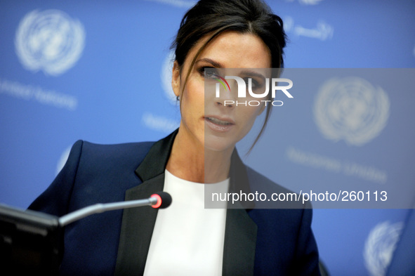UNAIDS International Goodwill Ambassador, British fashion designer Victoria Beckham attends a press conference on the sideline of the 69th S...