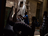 Butcher and sacrifice owners lift the cow up so as to cut it into two parts, in Mansoura, Egypt, on October 5, 2014. (