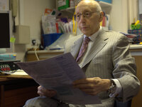 Sir Gerald Kaufman MP listening to Stephen Pennell and Roz Hughes as they speak about their concerns, and the concerns of 38 Degrees and the...