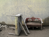 A seat belongs to the people who destroyed from the heavy layers of volcanic ash after the eruption of the volcano Mount Sinabung in Karo, S...
