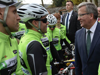 Polish President Bronislaw Komorowski pictured during his visit as he meets many cyclists, at the Benedictine Abbey in Tyniec. Vistula Boule...