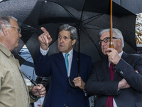 US secretary of state John F. Kerry visits the Berliner Wall memorial with German foreign minister Steinmeier on October 22nd, 2014 in Berli...