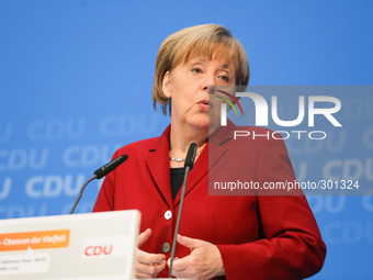 German Chancellor Angela Merkel speaks during a Integration Conference at the CDU-Party central on October 22, 2014 in Berlin, Germany. (Pic...