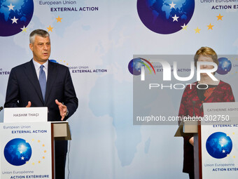 Prime Minister of Kosovo Hashim Thaci speaks during a joint press conference with High Representative of the Union for Foreign Affairs and S...