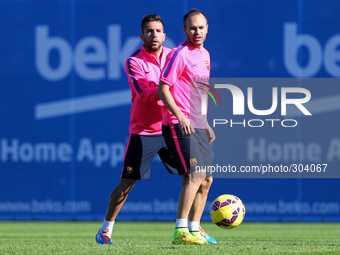 24 October-BARCELONA SPAIN: Andres Iniesta and Jordi Alba in training held at the Joan Gamper Sports City before the match against Real Madr...