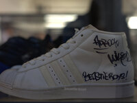 An Adidas sneaker, belonging to the Beastie Boys, on display at a special exhibition for Adidas footwear. (