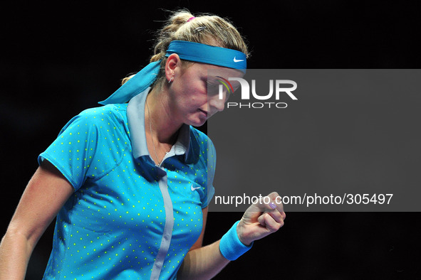 (141024) -- SINGAPORE, Oct. 24, 2014 () -- Czech Republic's Petra Kvitova reacts during the round robin match against Denmark's Caroline Woz...