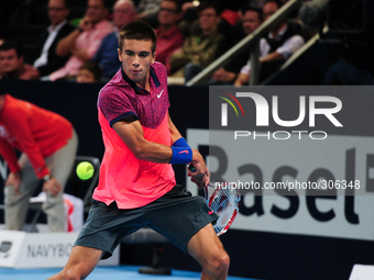 Borna Coric (CRO) during the semi final of the Swiss Indoors  at St. Jakobshalle in Basel, Switzerland on October 25, 2014. (