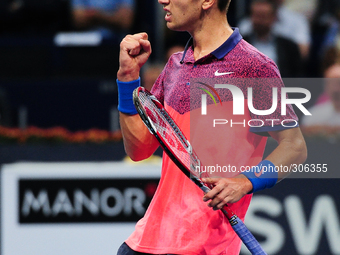 Borna Coric (CRO) cheers during the semi final of the Swiss Indoors  at St. Jakobshalle in Basel, Switzerland on October 25, 2014. (