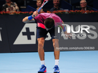 Borna Coric (CRO) angry during the semi final of the Swiss Indoors  at St. Jakobshalle in Basel, Switzerland on October 25, 2014. (