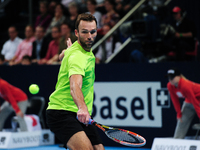 Ivo Karlovic (CRO) during the semi final of the Swiss Indoors  at St. Jakobshalle in Basel, Switzerland on October 25, 2014. (