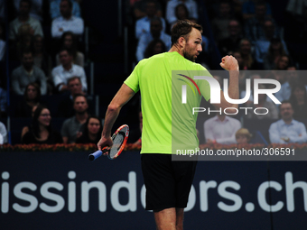 Ivo Karlovic (CRO) raises a fist during the semi final of the Swiss Indoors  at St. Jakobshalle in Basel, Switzerland on October 25, 2014. (