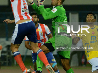Kerala Blasters FC'S goalkeeper Devid trying to win ball During Indian Super Atletico De Kolkata Vs. Kerala Blasters FC During Indian Super...