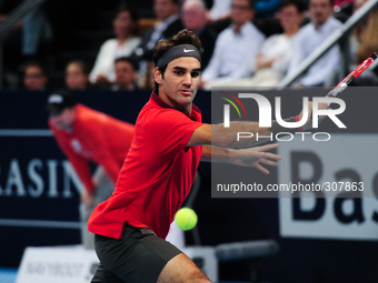 Roger Federer during the final of the Swiss Indoors  at St. Jakobshalle in Basel, Switzerland on October 26, 2014. (