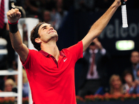 Roger Federer wins the Swiss Indoors title for the sixth time at St. Jakobshalle in Basel, Switzerland on October 26, 2014. (