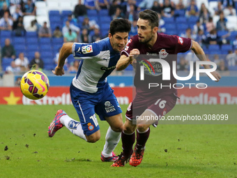 BARCELONA SPAIN October -26: Javi Lopez and Luisinho in the match between RCD Espanyol and Deportivo La Coruna, for Week 9 of the spanish Le...