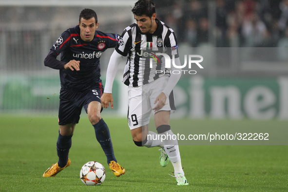 Juventus forward Alvaro Morata (9) in action during the Uefa Champions League Group Stage football match n.4 JUVENTUS - OLYMPIACOS on 04/11/...