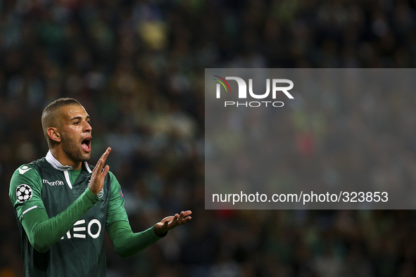 Sporting's forward Islam Slimani gestures during the UEFA Champions League group G football match between Sporting CP and FC Schalke 04 at A...