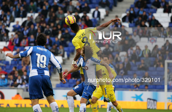 BARCELONA SPAIN -09 November-: Uche and Canas in the game between RCD Espanyol and Villarreal,  of the week 11 of the spanish Liga BBVA, dis...